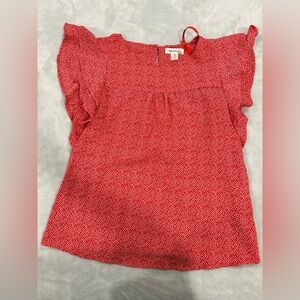 Monteau Women’s M Red Ruffled Blouse with White Dots and Buttoned Neck